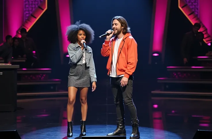 An 1 mixed race girl with curly hair, gray sequin skirt and gray denim jacket with closed heels, black ankle boots, sings with a microphone with a tall man with long brown hair, white top, orange jacket and thick black pants, black shoes, who sings with a ...