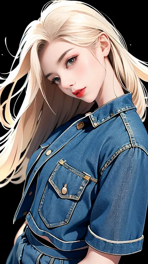 masterpiece, Best, ((Pure white background)), Permanent installation, Black bun,cold noodle, whole body, Denim Jacket, Black T-shirt, casual pants, (Fashion), Happy, Lighting Effects, Soft, Ultra-clear, High-resolution images, (front)