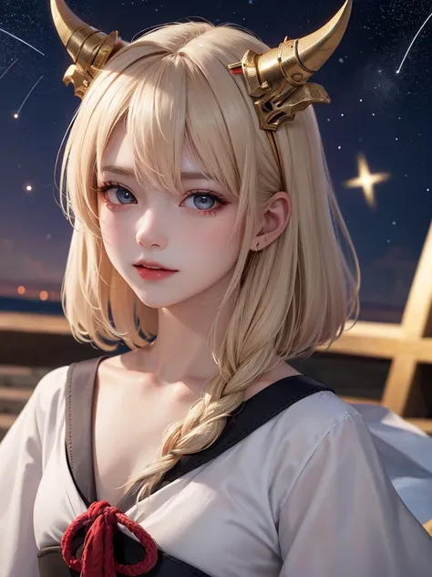 masterpiece，Best Quality，8k，Detailed skin texture，Detailed cloth texture，Beautifully detailed face，Intricate details，Ultra-detailed，Portrait of Rei Ayanami，Blonde，Red colored eyes，頭にBlack headgear,Pixieカット，Shining Skin Hair Ornaments,Gold Hair Ornament,Red...