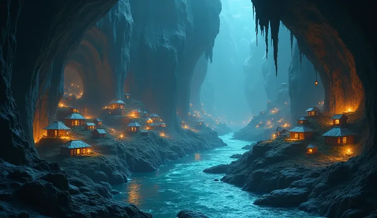 In the cave，There are underground rivers，The river is shining，There are large fallen rocks on both sides of the river.，There are many glowing houses on the fallen rocks,The house is an area full of houses