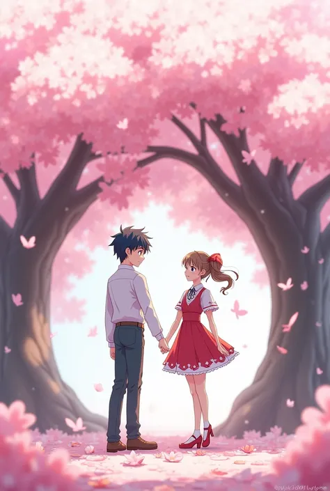 A anime men and women standing  boy short than girl and behind them sakura tree