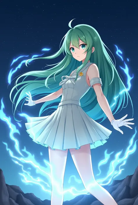 Green long hair anime girl，White Gloves，short skirt dress，Night sky，Magic