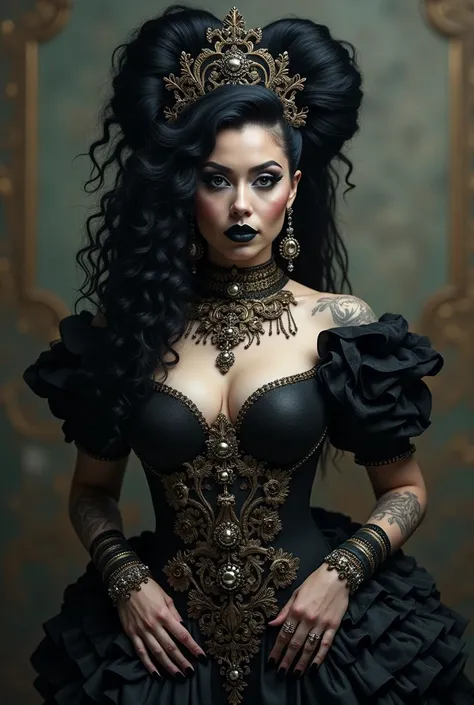 body Dragqueen in rococo punk costume wearing rococo punk outfit, black long hair, black eyes, black lipstick lips,g rococo punk fantasy style, (rock punk), rock punk beautiful goddess, rock punk girl, rock punk inventor girl, metal rock punk, Set in a roc...