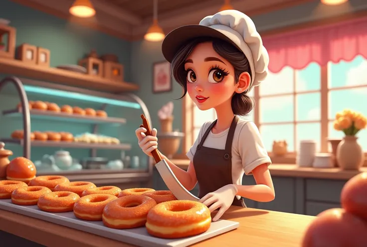 In the dessert shop，A beautiful woman in work clothes，Making donuts，cartoon，High-definition quality
