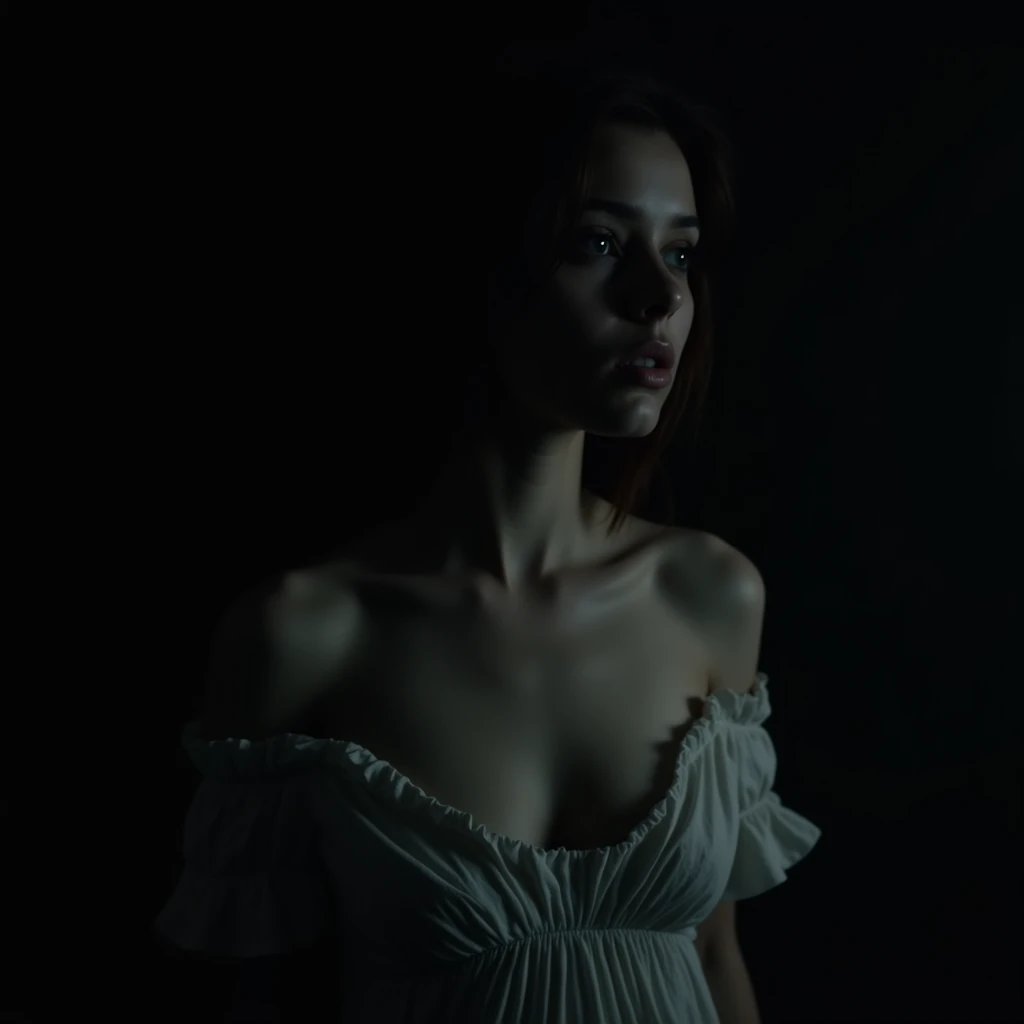 Best quality, masterpiece, Ultra high resolution, (Realistic:1.4), RAW photos, 1 woman, Off shoulder, In the dark, deep shadow, low key, cold light, Detailed skin