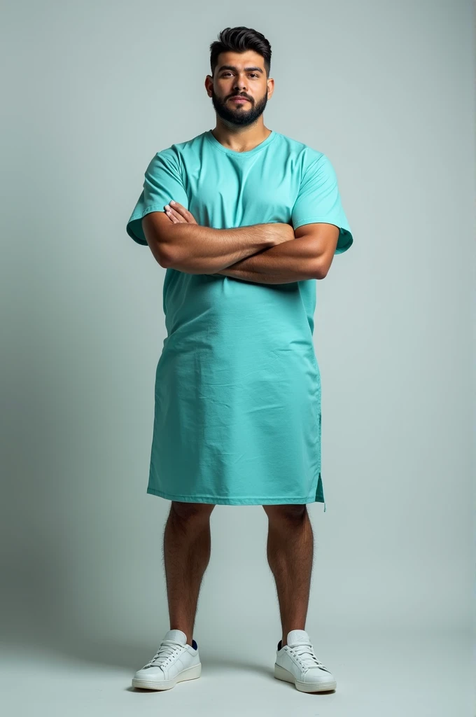 Well-built man in a hospital patient gown that reaches his knees and the image is from head to toe 