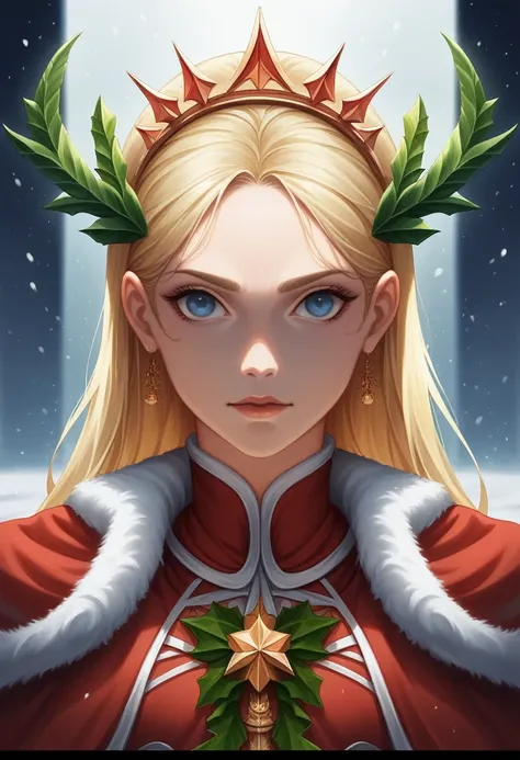 a beautiful portrait of the empress, blonde hair, perfect blue eyes, with a brilliant, Impossibly Bright Large Christmas Headdress, clothes santa robes, all things Christmas, snow, symmetric, dramatic studio lighting, Rococo, baroque, green, Asiatic, hyper...