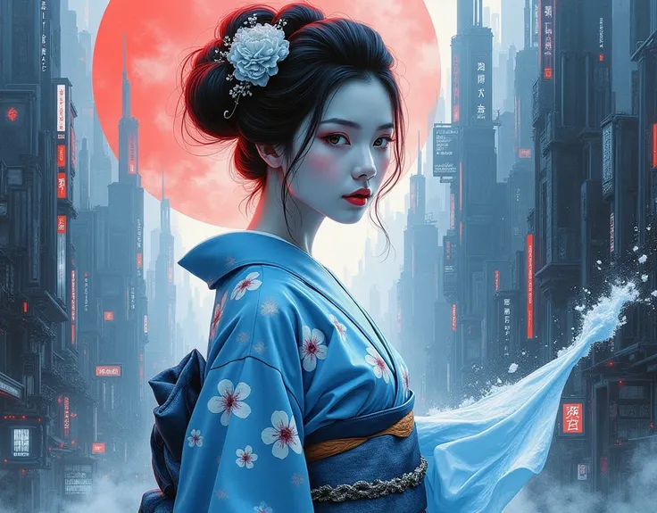 A captivating and highly detailed mixed media artwork featuring a half-dressed Japanese geysha in a white flower kimono. The artwork is a grayscale graphite cyberpunk painting with wet neon blue ink spills, dark blue and white oil spills, and bold pops of ...