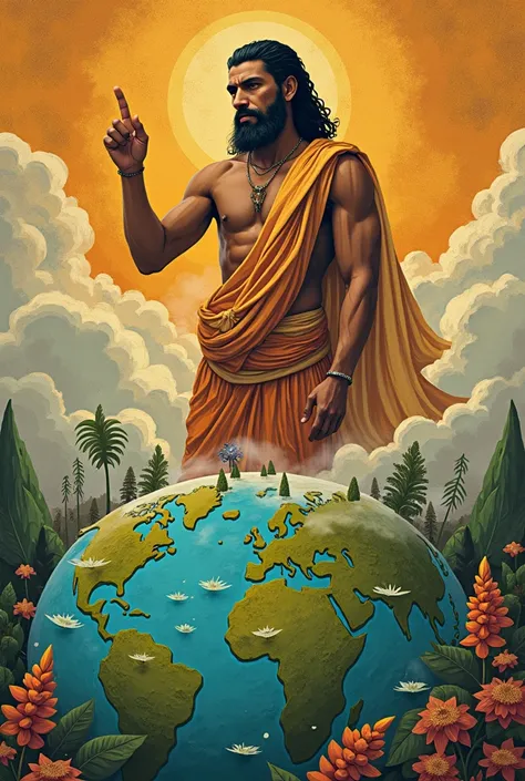 generates a Byzantine art image of a Peruvian man looking at planet Earth from above, dark skin, slanted eyes, black hair, non-realistic style, church mural style, no depth, no perspective. Meanwhile, man finds himself like a god, creating the earth and pl...