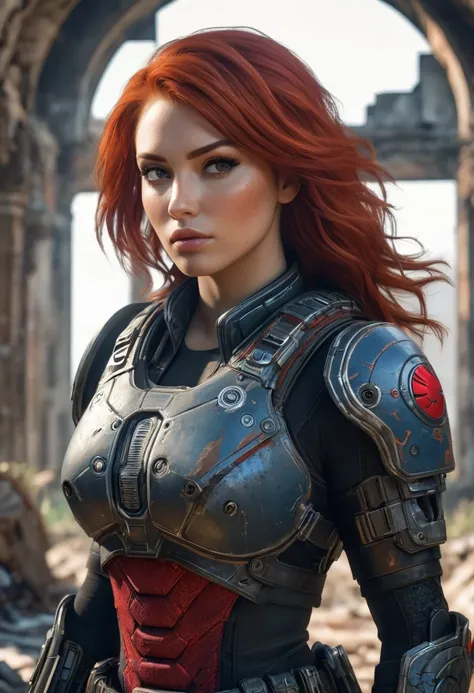 beautiful woman, considered one of the most beautiful races in the galaxy, with a sensual face, eyes and lips, red hair, medium length hair, dressed in a sexy gears of war uniform, ((found in some abandoned ruins of a city furutist)). Hyperrealistic, sharp...