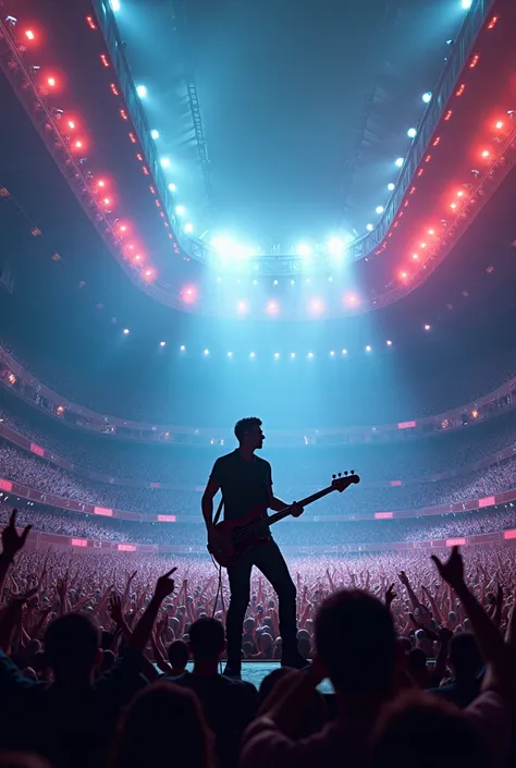 A bass player in the middle of a stadium with the crowd around him 