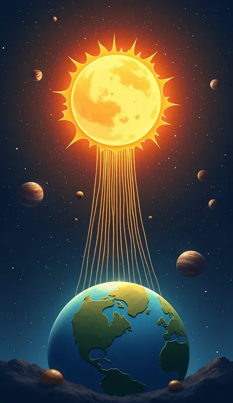 It takes only 8 minutes and 20 seconds for sunlight to reach the earth.. scientific, cartoon, fhd, 8k