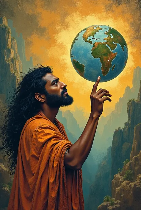 generates a Byzantine art image of a Peruvian man looking at planet Earth from above, dark skin, slanted eyes, black hair, non-realistic style, church mural style, no depth, no perspective. Meanwhile man finds himself as a god creating the earth and plants...