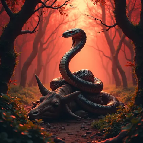 King cobra on a dead girafe in a red beautiful forest