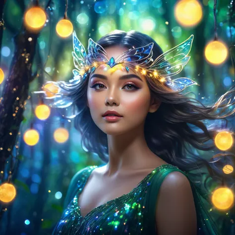 a beautiful fairy girl with detailed perfect face, flying in a glass tree forest with dramatic lighting, wearing a blindfold, (best quality,4k,8k,highres,masterpiece:1.2),ultra-detailed,(realistic,photorealistic,photo-realistic:1.37),HDR,UHD,studio lightin...