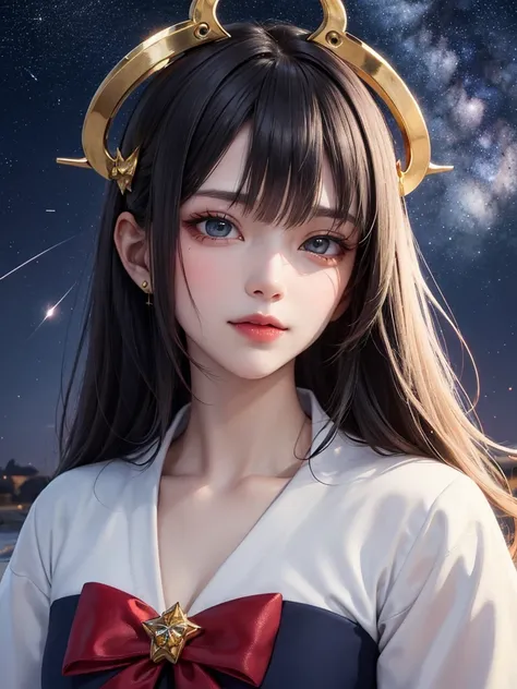 masterpiece，Best Quality，8k，Detailed skin texture，Detailed cloth texture，Beautifully detailed face，Intricate details，Ultra-detailed，Portrait of Rei Ayanami，Black Hair，Red colored eyes，頭にBlack headgear,Pixieカット，Shining Skin Hair Ornaments,Gold Hair Ornament...