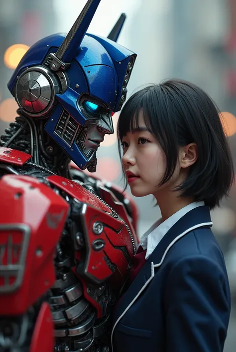 Optimus Prime & Himiko Akita, school uniform, realistic, detailed, highly detailed, 8k, realistic metal textures, realistic fabric textures, cinematic lighting, volumetric lighting, cinematic camera, depth of field, photorealistic, beautiful detailed eyes,...