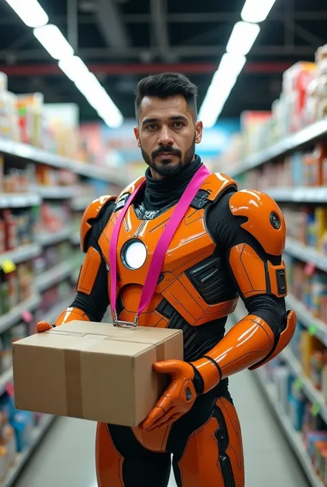 Malay man in an orange and black ironman suit with a magenta layard strap holding a carton box in a supermarket looking forward