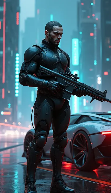 A man with a partly robotic cyber face, holding a magnificent futuristic weapon, advanced technology, background matrix art. With a supercar beside him 