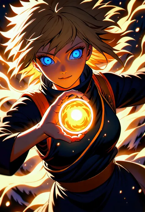 High detailed, Naruto, spiky blonde hair and blue eyes, wearing a casual ninja outfit with orange accents, Casting a spell, Rasengan, (surrounded by glow wind aura, with blue light gently floating in the breeze, glowing power and aura, particles), The atmo...