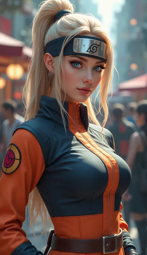 a young woman in naruto style cosplay, highly detailed portrait, detailed face, beautiful blue eyes, long eyelashes, detailed lips, beautiful skin, medium large breasts, dynamic full body shot, naruto anime and manga style, hdr, 8k, photorealistic, high qu...