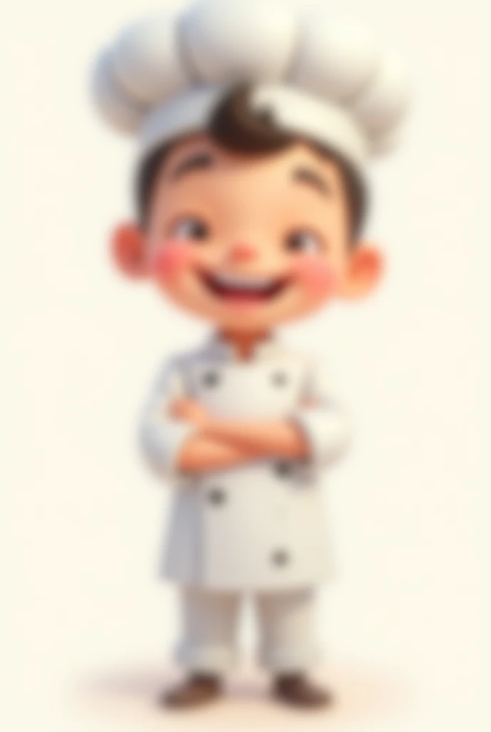 A boy chef, a cartoon character, stands with his arms crossed across his chest.