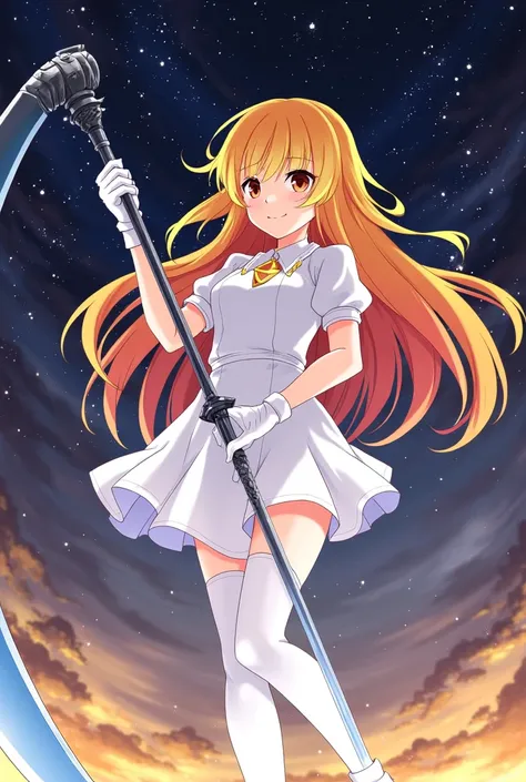 Yellow and orange long hair anime girl，White Gloves，short dress，white pantyhose，Night Sky，giant scythe