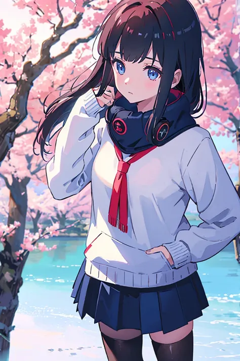 1    girl with long-sleeved sweater covering his uniform. She also wears black tights and puts her headphones around her neck. Most of the time, she has part of her bangs covering her eye, small Breasts, blue eyes, black and red hair, In a park under a che...