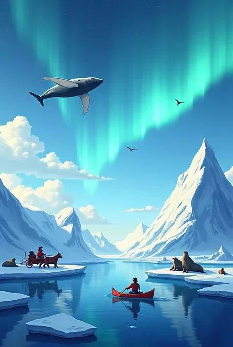 Design a poster showcasing Greenland, incorporating iconic elements such as a Greenland dog sled, a majestic whale, and rounded mountains with icebergs in the background. The scene should feature a blend of abstract and realistic styles, with smooth, flowi...