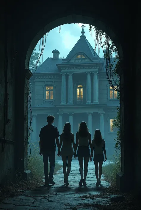 The friends entering the abounded mansion at night, looking around cautiously.