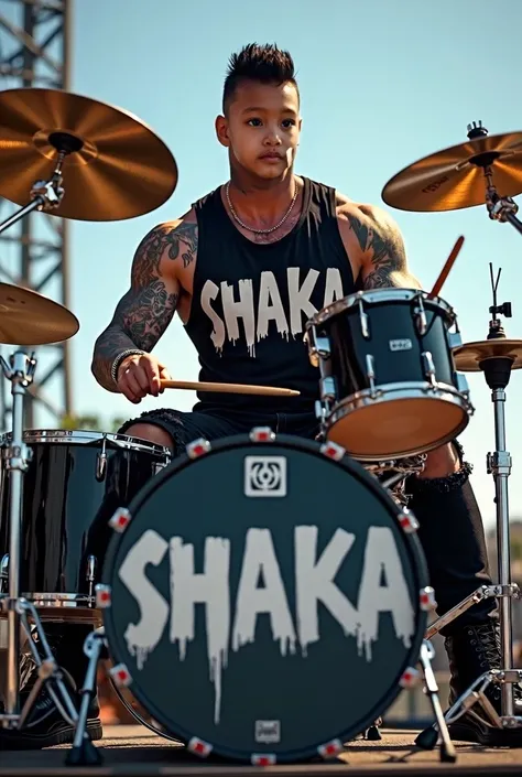 The digitally enhanced high-resolution image shows a muscular man playing a drum set concert stage. The man has light skin color, short black hair styled in an upward style, and is decorated with many tattoos on his arms and shoulders. He wore a black slee...