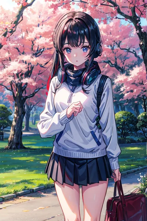 1    girl with long-sleeved sweater covering his uniform. She also wears black tights and puts her headphones around her neck. Most of the time, she has part of her bangs covering her eye, small Breasts, blue eyes, black and red hair, In a park under a che...