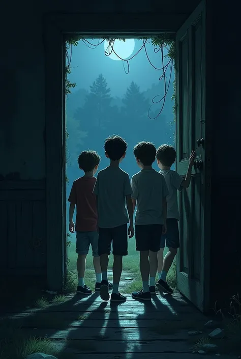 The 4 boys friends entering the abounded mansion at night, looking around cautiously.
Camera angle from the inside 