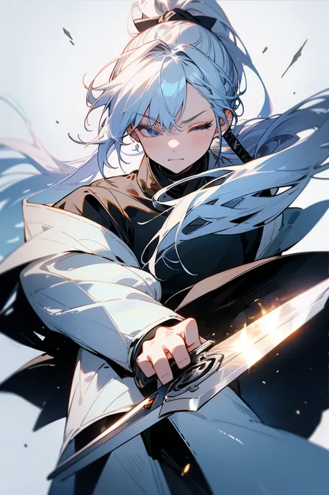 Hair color is white, Straight hair, Tied up ponytail, One eye closed, He holds a white sword in one hand., It feels like something is walking towards me from a mysterious space., pretty face