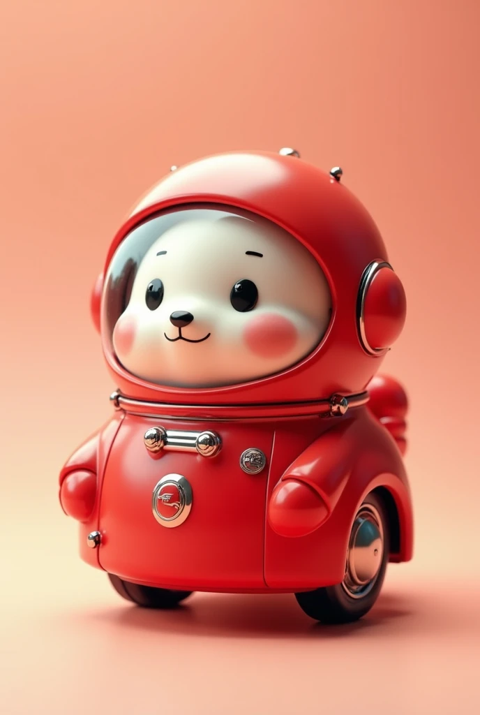 A close up photo of a handheld car model wearing a red space suit Cute C4D style Japanese mascot 3D model
