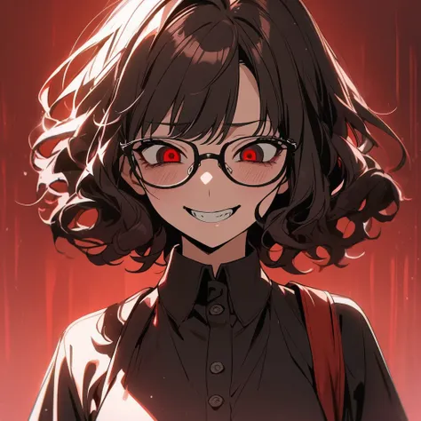 1 young girl, red and black clothes, short hair, wavy hair, glasses, evil smile, Yandere, High Quality 
