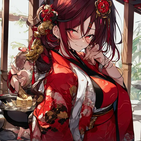 Japanese woman, one girl, oiran, dark eyes, updo, auburn hair, mischievous smile, flashy kimono, hairpin, big tits, thinking, elegant style, cool, high angle, fantasy world, natural light