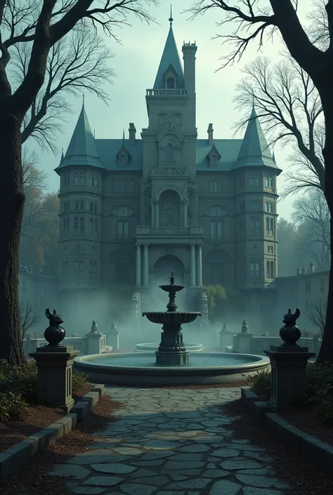 A dark manor with fountain in the middle. It has dark aura 