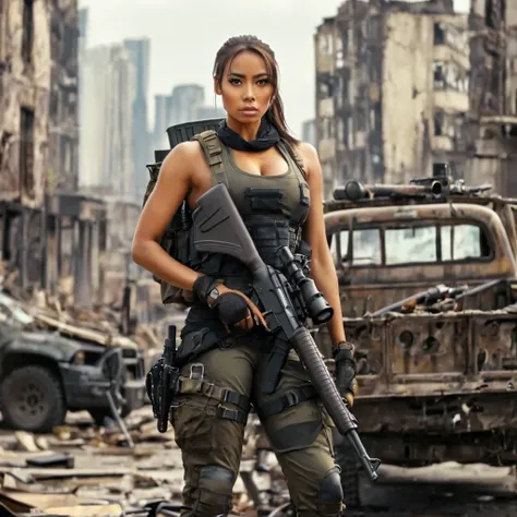 busty sexy amazonian african american brunette woman with a low ponytail dressed in tactical equipment,standing on a destroyed p...