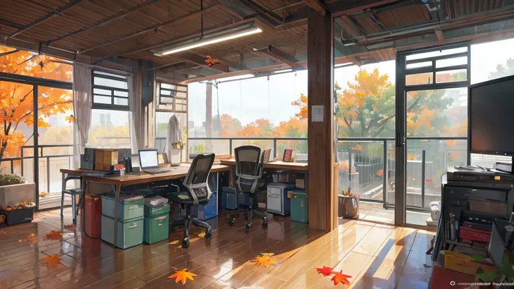 a work space with rain and fall leaves