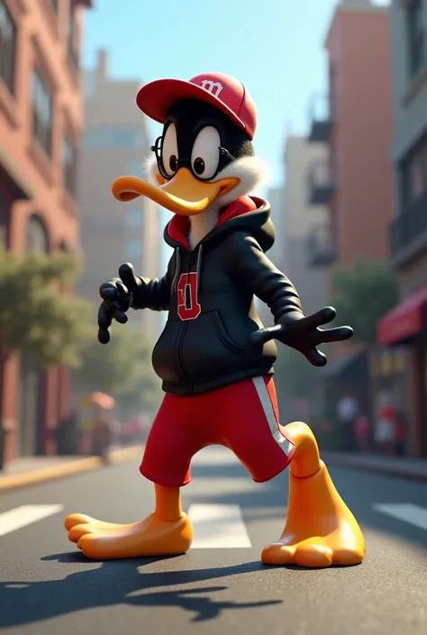 [Daffy Duck] is wearing red and Black sports pants, glasses ,a black hoodie, a red cap, in the street . The image is in 3D.