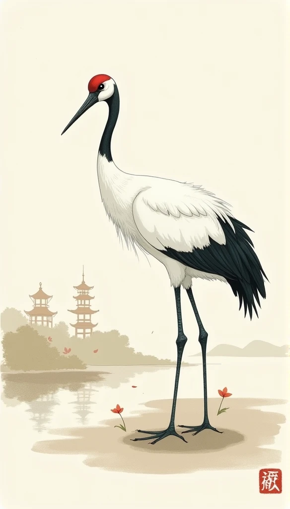 Crane, Japanese comic style, sketch, watercolor