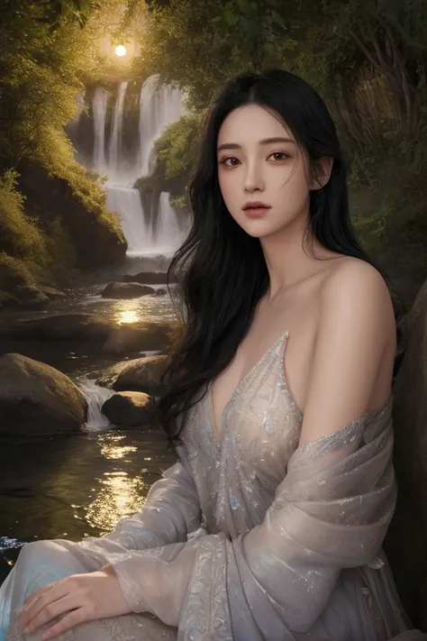 a woman naked. short, flowing black hair in a pretty , lovely head jewelry, soaking in the river, sparkling water reflecting the moonlight , fantasy world. Cinematic light, ethereal light, intricate detail, ultra detail, incredible detail, full color, intr...