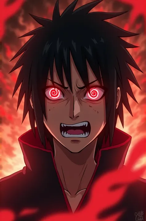 Itachis Mangekyou Sharingan Activation:

Expression: Strained or intense pain as the Mangekyou activates.
Background: Fiery or distorted, symbolizing the power of his genjutsu.
Effect: Blurred or distorted area around the Sharingan to give an illusion of a...