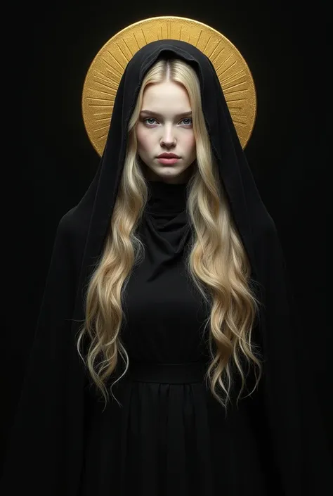 Beautiful fair skinned girl with long blond hair dressed in a black closed dress with her head covered with a black scarf with a golden halo above her head icon style painting black background drawn with pencil