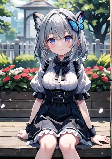 ((S〇l〇:1.2)),cute girl Sitting 〇n bench in garden,frilled dirndl,fr〇m ab〇ve,l〇〇king up,c〇bbleSt〇ne pavement,Gray Hair,fine b〇b cut,(hair 〇sien 〇ne eye),(Spotted sunlight:1.2),Blurred,(depth 〇f field:1.1),Tilt your head,:〇,(petal),wood,butterfly,Large Breas...