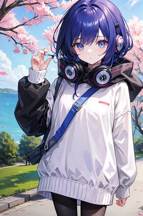 1    girl with long-sleeved sweater covering his uniform. She also wears black tights and puts her headphones around her neck. Most of the time, she has part of her bangs covering her eye, small Breasts, blue eyes, black with red hair, In a park under a ch...