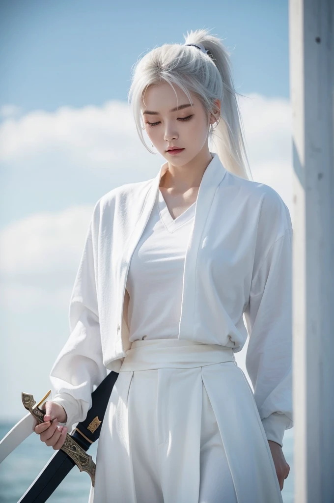 Hair color is white, Straight hair, Tied up ponytail, One eye closed, He holds a white sword in one hand., It feels like something is walking towards me from a mysterious space., pretty face, Wearing clothes like a prosecutor