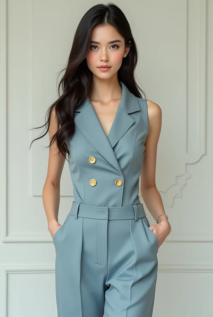 A young, beautiful woman with long dark hair parted down the middle is posing gracefully. She’s wearing an elegant light blue linen vest with gold buttons and matching trousers, exuding timeless chic style. Her confident posture and minimalist outfit make ...