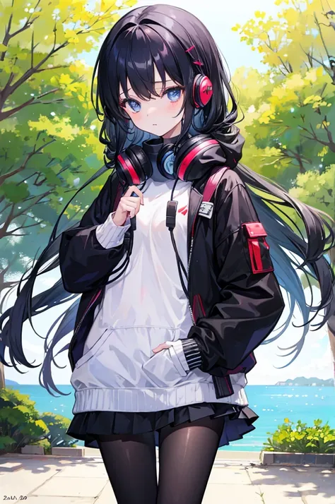 1    girl with long-sleeved sweater covering his uniform. She also wears black tights and puts her headphones around her neck. Most of the time, she has part of her bangs covering her eye, small Breasts, blue eyes, black hair with red lines of  hair, In a ...